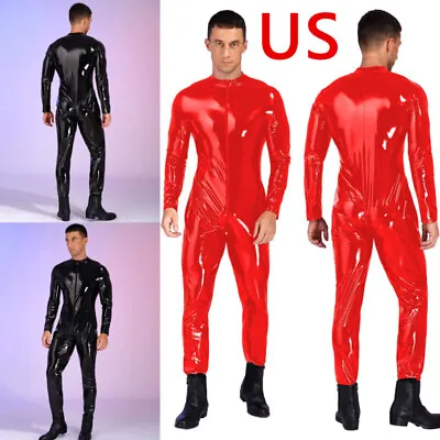 US Men's Patent Leather Leotard Bodysuit Zipper Crotch Catsuit Jumpsuit Clubwear • $23.49