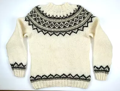 ICEWEAR BRYNJA Icelandic Wool Hand-Knit Sweater | Cream/Brown/Black LARGE • $89