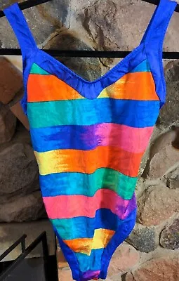 Vintage CAZIMI Rainbow Stripe One Piece Bathing Suit Size 10 • $13.99