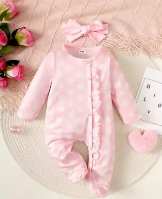 Baby Girls Pink Polka Dot Babygrow With Matching Headband 3-6 Months  New • £10.99