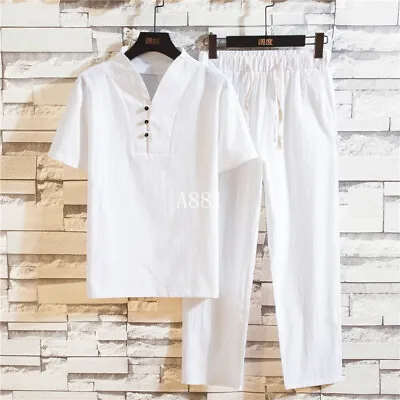 Summer Men's 2pc Cotton Linen Walking Suit Short Sleeve Casual Shirt & Pants Set • $28.43