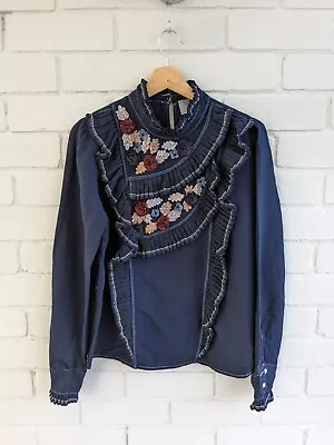 Sezane X Manoush Navy Blue Blouse Top Size 42 UK Size 14 Ruffle Appliqué  • £80