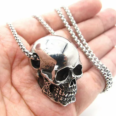 Mens Gothic Biker Skull Pendant Necklace Men Stainless Steel Chain Silver • $10.99