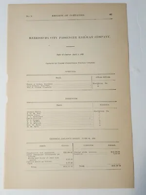 1909 Document HARRISBURG CITY PASSENGER RAILWAY Electric Trolley Streetcar PA. • £6.71
