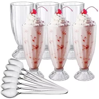 6 Pack Milkshake Glass With 6 Long Metal Spoonsold Fashioned Soda Glasses Founta • $38.61