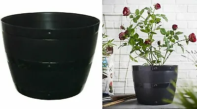 Plastic Plant Barrel Planter Tub Pot Garden Patio Out Indoor Flower Tray Black • £10.95