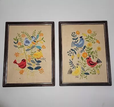 Vintage Crewl Framed Needlework 10x13 Picture Set Of Birds Flowers Spring Chicks • $39.99