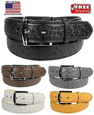 MEN FAUX OSTRICH SKIN GENUINE LEATHER STITCHED BELT W BELT BUCKLE  SIZE S M L XL • $7.50