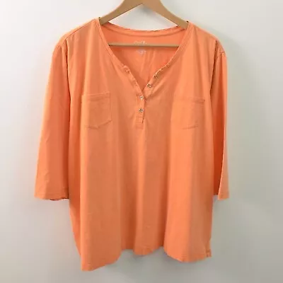 Coral Bay Blouse Tee Womens 2X Cotton Orange Pocket Henley 3/4 Sleeve Pullover • $7.49