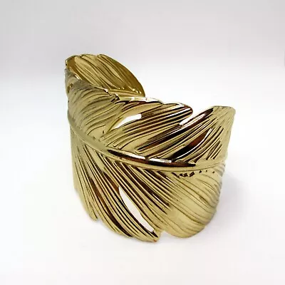 Vintage Women's Feather Art Deco Gold Tone Cuff Large Statement Bracelet • $11.95