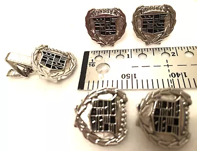 Vintage Cadillac Emblem Cuff Links Tie Bar & Earrings Olive Branch Crest Silver • $75.95