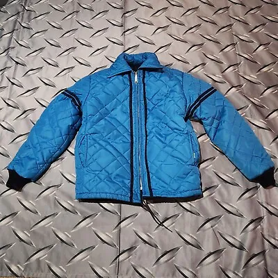 VINTAGE 60s 70s Blue Puffer Quilted Down Filled Ski Jacket Size S Reversible  • $85
