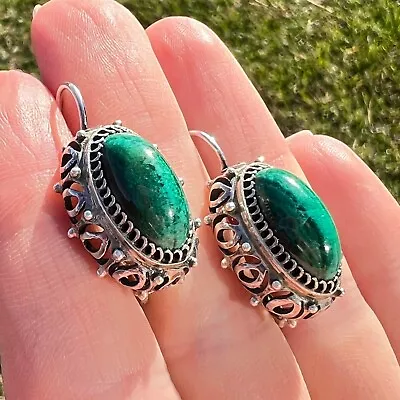 Vintage Soviet Sterling Silver 925 Stone Malachite Women's Jewelry Earrings • $92.15