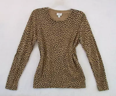 J Crew Women's Teddie Top Size S Cheetah Print Long Sleeve Crewneck 100% Cotton • $19.95