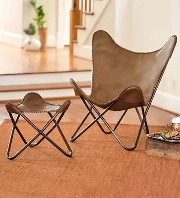 Vintage Leather Butterfly Chair With Footstool Folding Modern Sling Loung Accent • $170.40