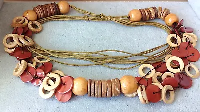  VP7 --Boho-brown Shades Beads Rings Discs Mop Wood Adjustable Necklace • £6