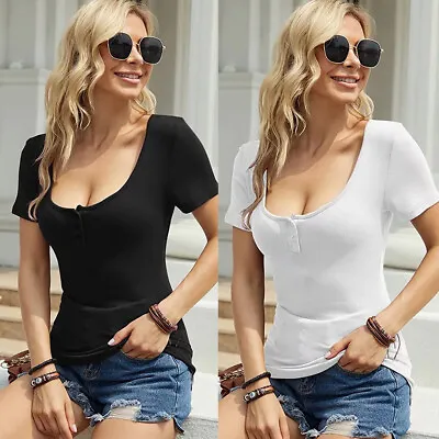 £15.99 • Buy Womens Short Sleeve Tee Button Down Shirts Low Cut Fitted Ribbed Knit T-shirts