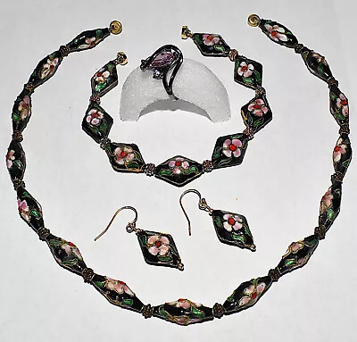 Vintage Murano Venetian Glass Bead 3pc Floral Necklace Set Black Green Pink Gold • $69