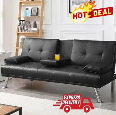 Modern Reclining Futon Sofa Bed Faux Leather Cupholders Black Easy Assemble • $175.44