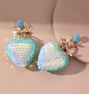Oversized Puffy Aqua Sequin Heart Earrings Gold Butterfly NEW Mermaid Sequin • $9.95