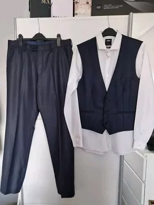 Next Mens Navy Suit 38R Waistcoat 32R Trousers Prom Wedding • £30