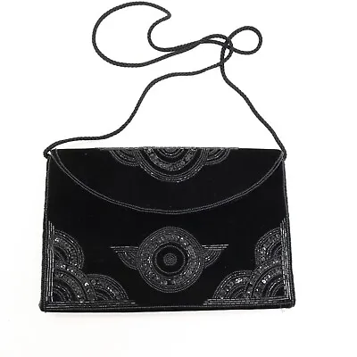 Indolink Handbag Medium Black Velvet Beaded Crossbody Purse Shoulder Bag Clutch • $16.95