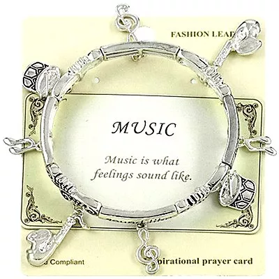 MUSIC Silvertone Stretch Charm Bracelet-Inspiration Card Included • $14