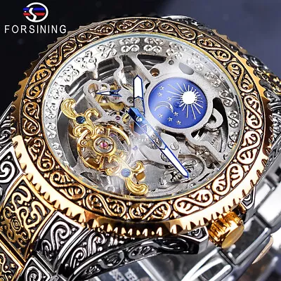 Forsining Luxury Carved Men's Tourbillon Moon Phase Skeleton Mechanical Watches • $39.99