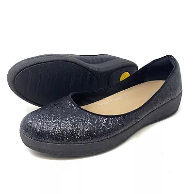 FitFlop Super Comfy Varya Glitter Ballerinas Comfort Flats Slip On Sz 9 M Black • $24.99