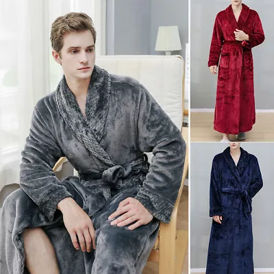 Mens Flannel Fleece Bathrobe Warm Dressing Gown Long Bath Robe Shawl Collar • £21.58