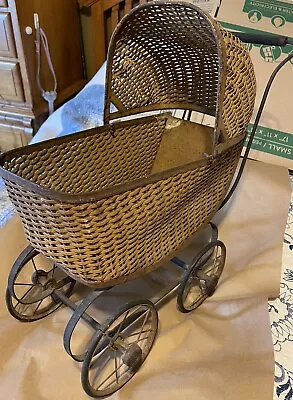 Antique WICKER /METAL STROLLER Pram Baby Doll Buggy VTG With Vintage Quilt Piece • $60