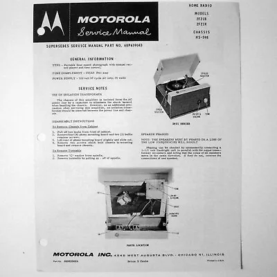 Motorola ® Models 2F21B 2F21R Record Player Phonograph Service Sheet © 1950s • $2.80