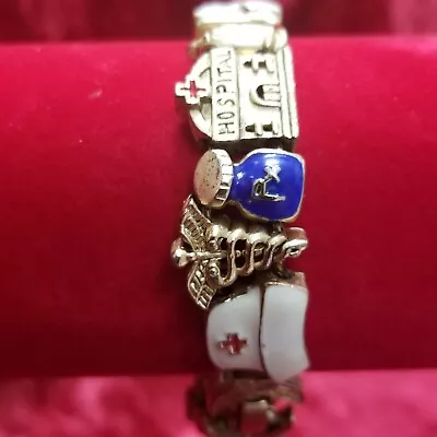 Nurse Medical Theme Slide Bracelet Rx Hospital Hat Injection Charms Goldtone Vtg • $28.97