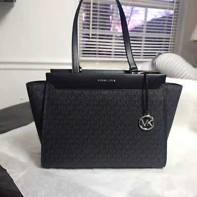 Michael Kors Graham Logo Large Top Zip Satchel Tote Black Gray Leather Logo • $119.95