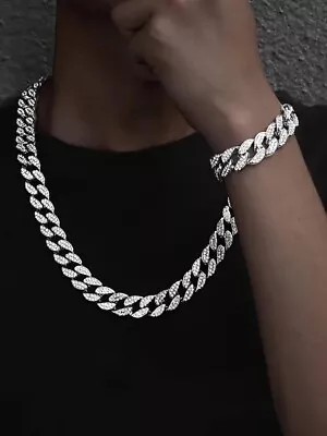 2Pcs Men Hip Hop Iced Out Diamond Silver Miami Cuban LinkChain Necklace Bracelet • £9.50