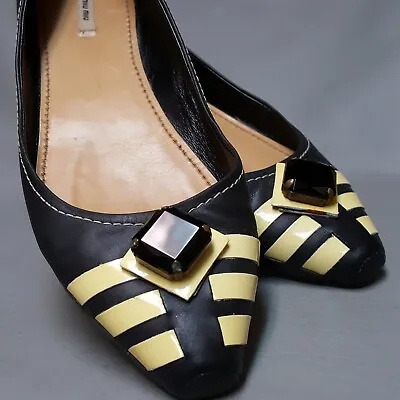 Miu Miu Womens Ballet Flat Shoes Pointed Toe Black Yellow Leather  Size 38 Italy • $149.99