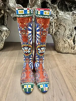 Dolce Gabbana Boot $4500 Carretto Brocade Siciliano Boots Baroque Red Blue • $1350