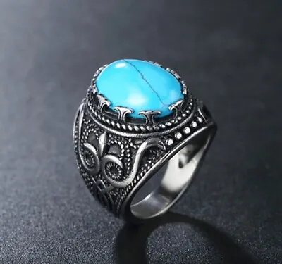 Men Women Vintage Blue Turquoise Stone Silver Titanium Stainless Steel Ring 8-12 • $14.50