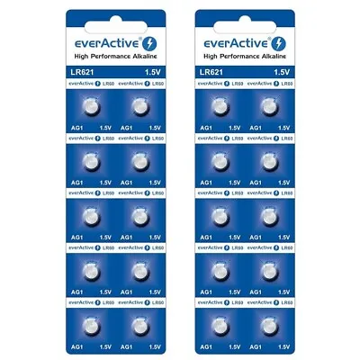 20 X EverActive LR60 Alkaline Watch Batteries 1.5V - LR621 AG1 364 L621 164 363 • £2.99