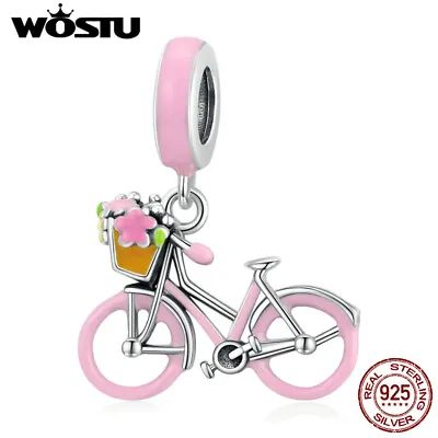 Wostu 925 Sterling Silver Charms Beads Pink Bike Enamel Women Girl Gift Party • $10.19