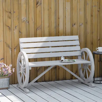 2 Seater Garden Bench Outdoor Armrest Chair W/ Wooden Cart Wagon Wheel Grey • £80.99