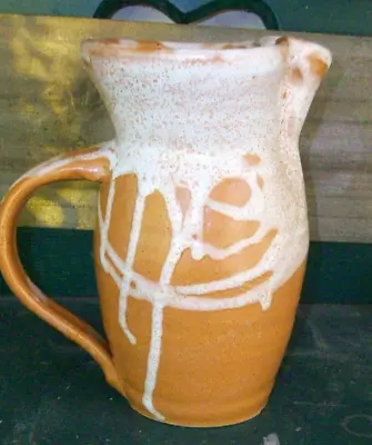 Hand Made Clay Colored Pottery Jug With Cream Colored Glaze Signed By Maker • $29