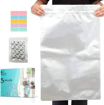 $26.85 • Buy 5 Gallon Mylar Bags With 2500CC Oxygen Absorbers And Labels, Zipper Resealable P