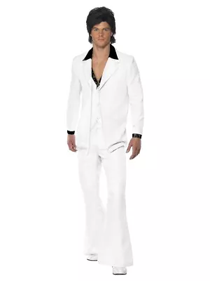 Large 70s White Suit Costumes Mens Adult Halloween Fancy Dress Disco Fever Retro • £30.95