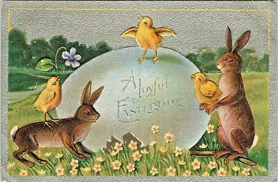 Rabbits Celebrate With Chicks Giant Egg Vintage Joyful Easter Embossed Postcard  • $5.79