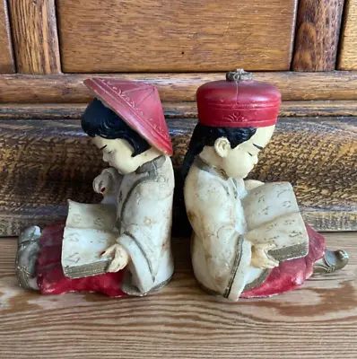 Pair Of Vintage Asian Boy & Girl Reading Books Figurines Bookends Salt Stone • $19.99