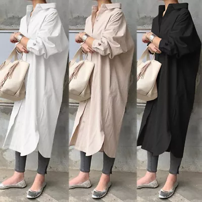 UK Women V Neck Long Sleeve Loose Shirt Dress Casual Blouse Tops Plus Size 8-24 • £17.74