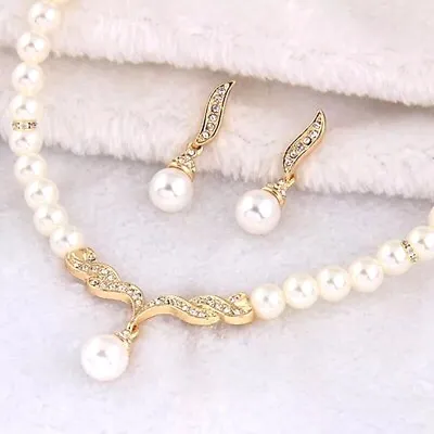 £4.79 • Buy Silver Gold Crystal And Pearl Sparkling Rhinestone Wedding Necklace Earring Set