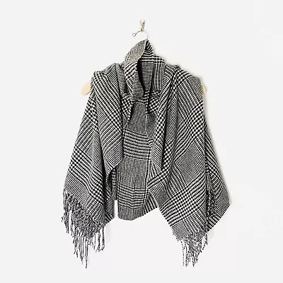 J. Crew Houndsooth Shawl Wool Cape Scarf Poncho Fringe Glen Plaid K3649 • $34.99