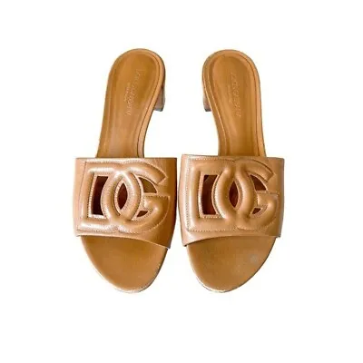 Dolce & Gabbana DG Cutout Leather Slide Sandals Brown Size 38 US 8 • $299